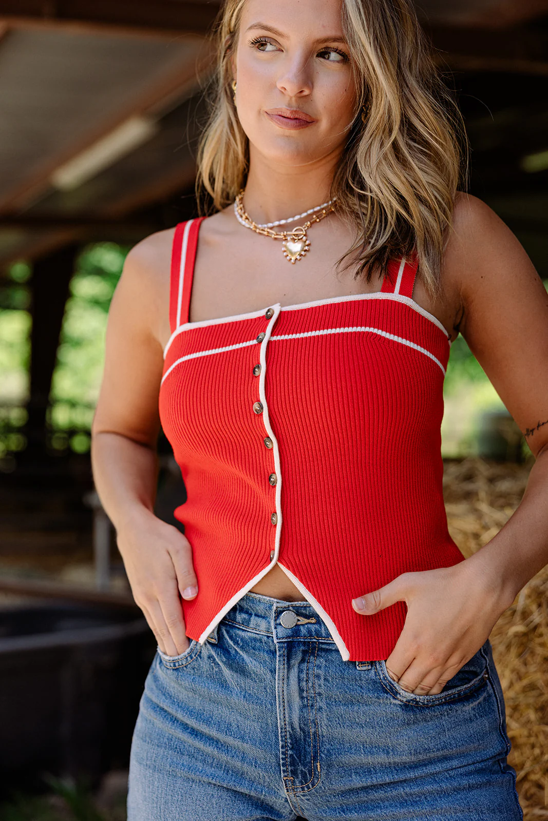 Alyssa Red & White Split Hem Tank