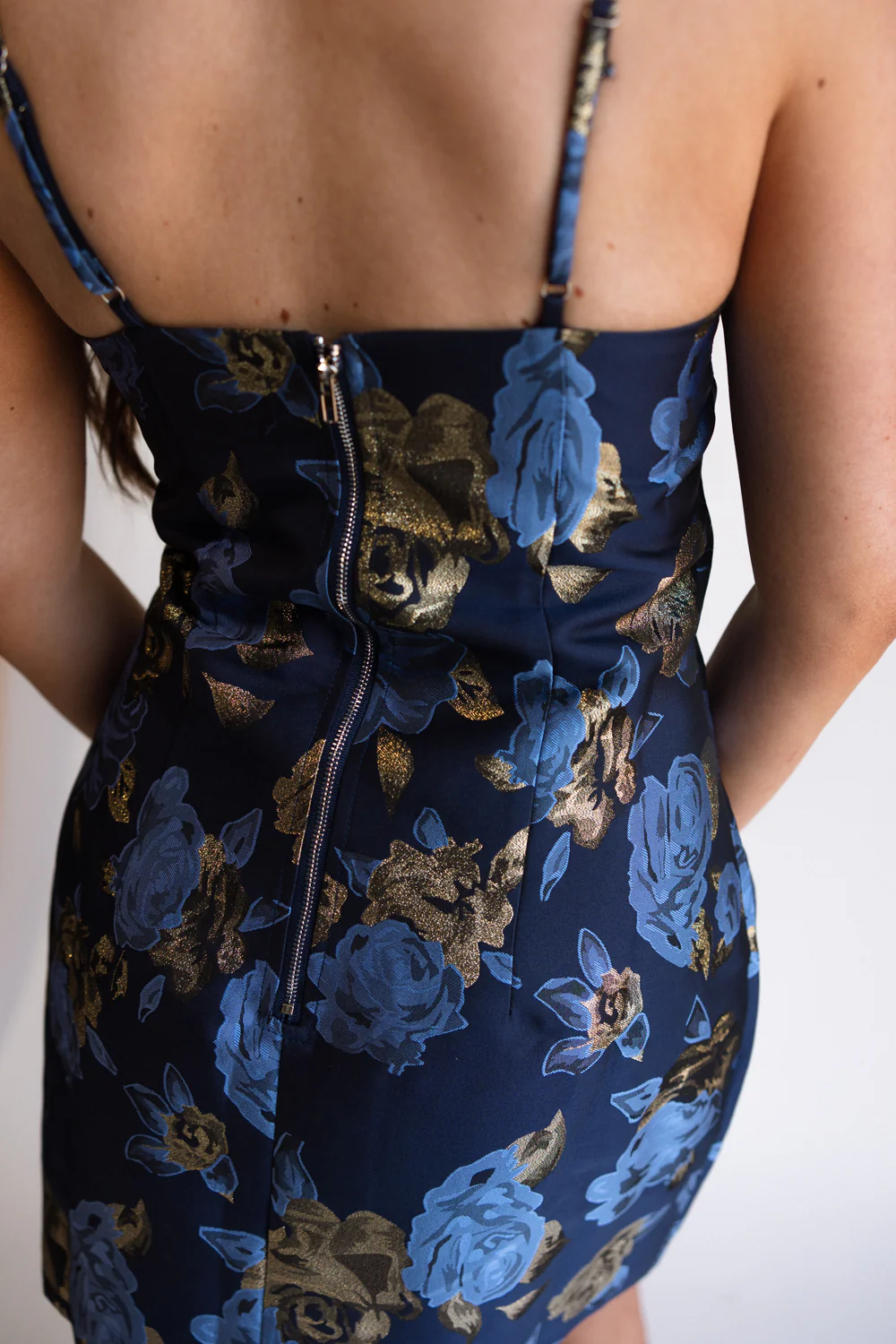 Amabel Blue & Gold Brocade Floral Mini Dress - Image 6