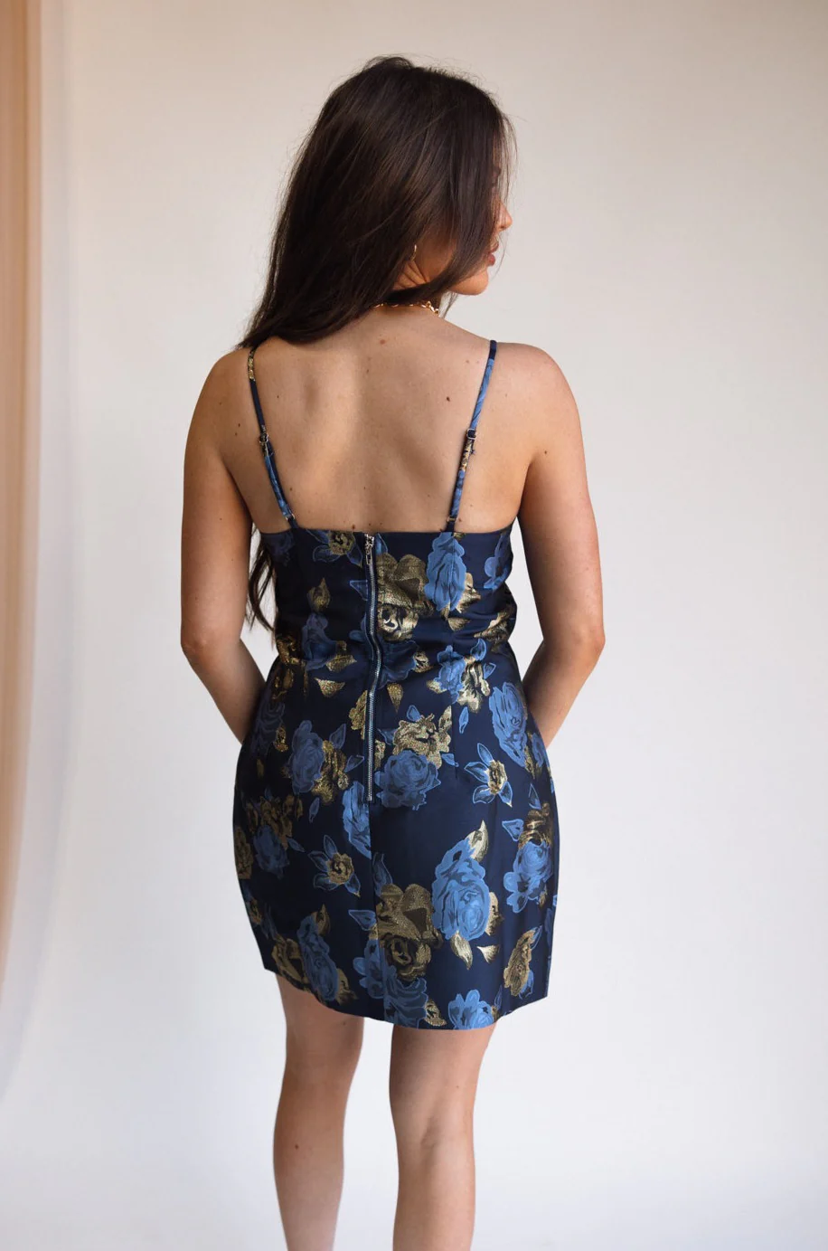 Amabel Blue & Gold Brocade Floral Mini Dress - Image 7