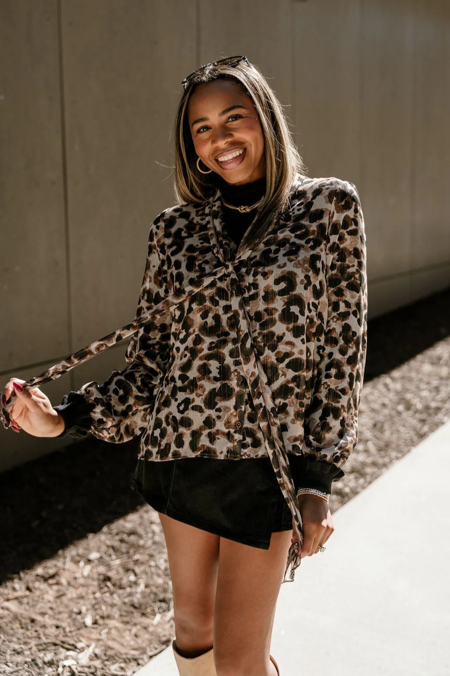 Amalie Cheetah Tie Neckline Top - Image 2