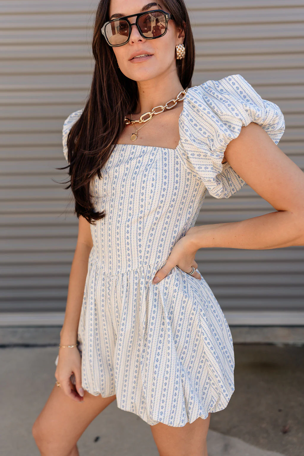 Amalie White & Blue Floral Bubble Romper - Image 2