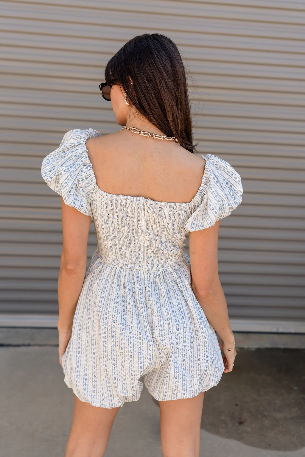 Amalie White & Blue Floral Bubble Romper - Image 4