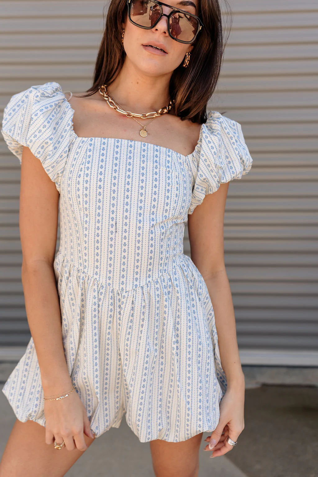 Amalie White & Blue Floral Bubble Romper - Image 5