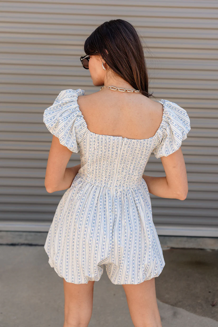 Amalie White & Blue Floral Bubble Romper - Image 8