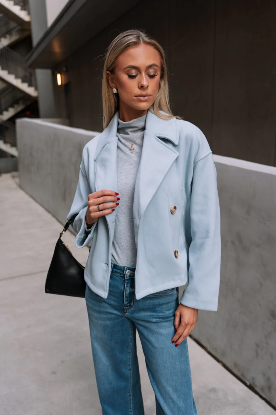 Amara Cropped Button-Up Baby Blue Jacket