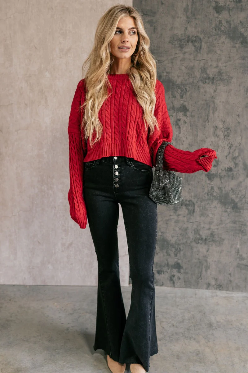 Amara Red Cable Knit Long Sleeve Sweater