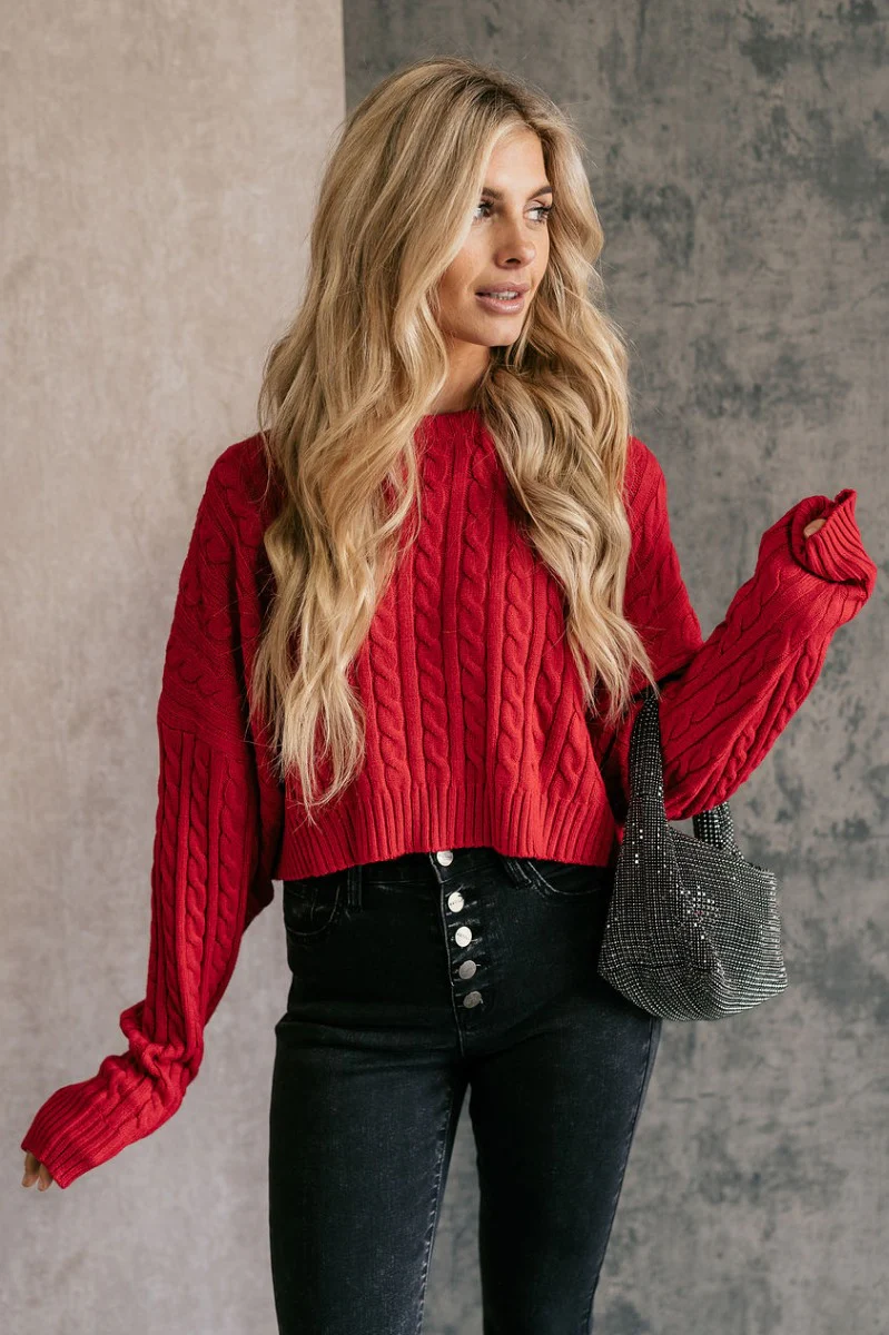 Amara Red Cable Knit Long Sleeve Sweater - Image 2