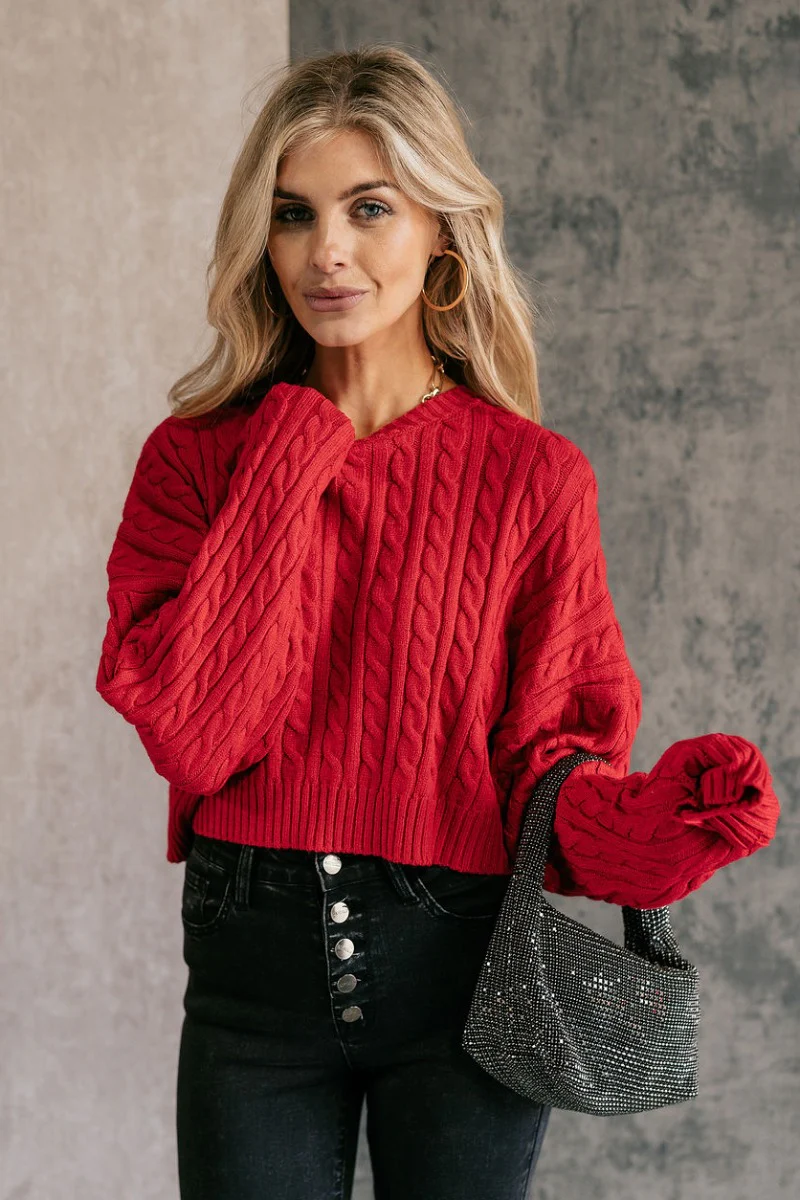 Amara Red Cable Knit Long Sleeve Sweater - Image 3