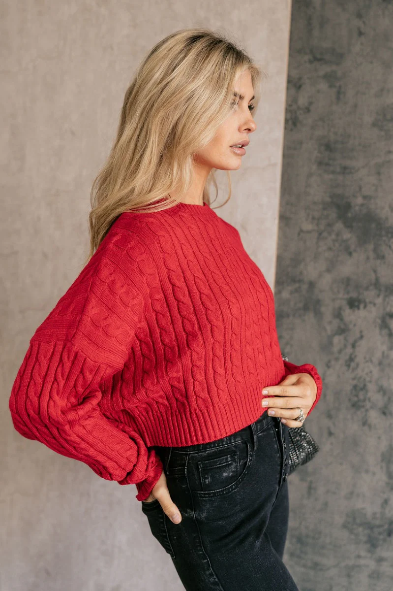 Amara Red Cable Knit Long Sleeve Sweater - Image 4