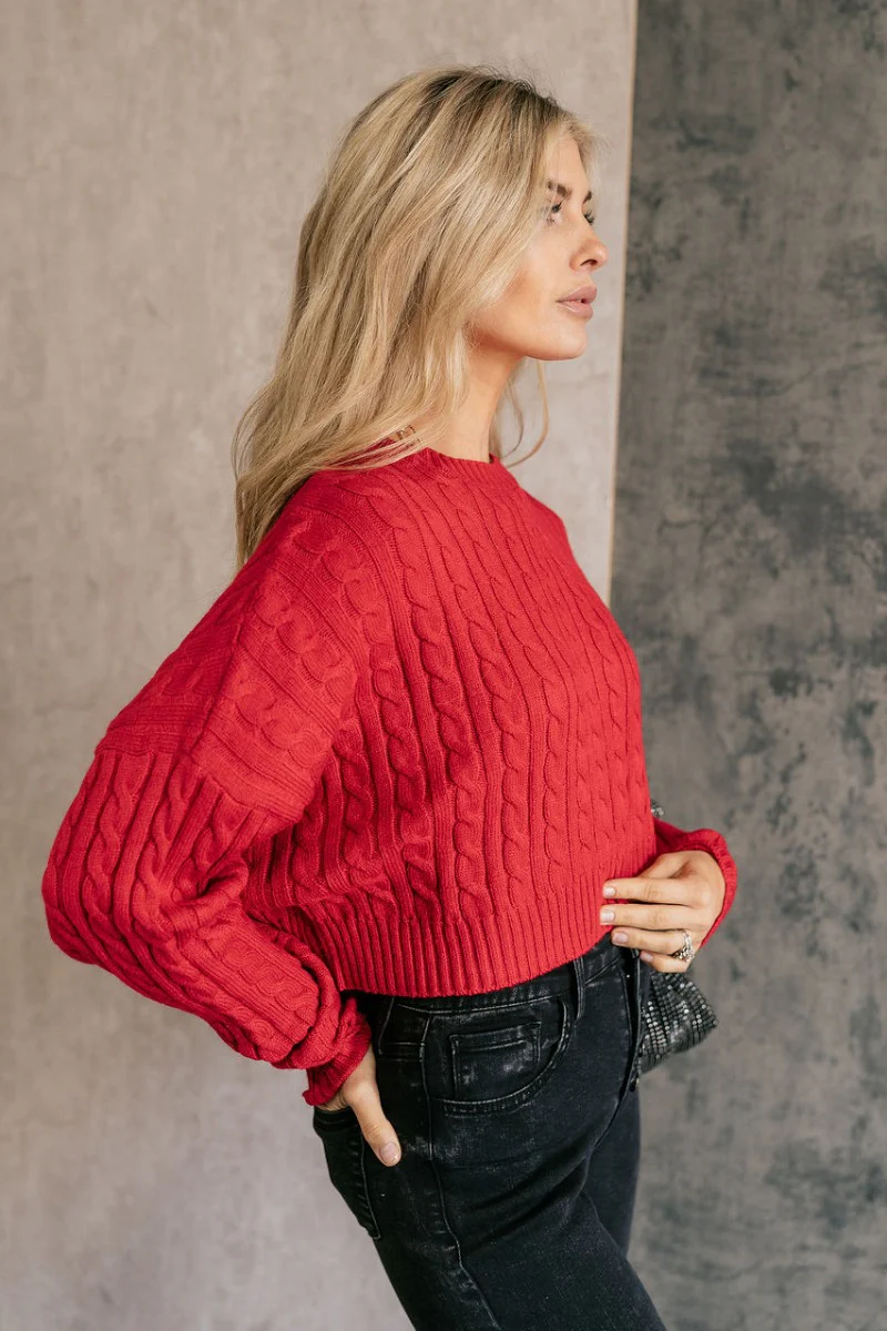 Amara Red Cable Knit Long Sleeve Sweater - Image 5