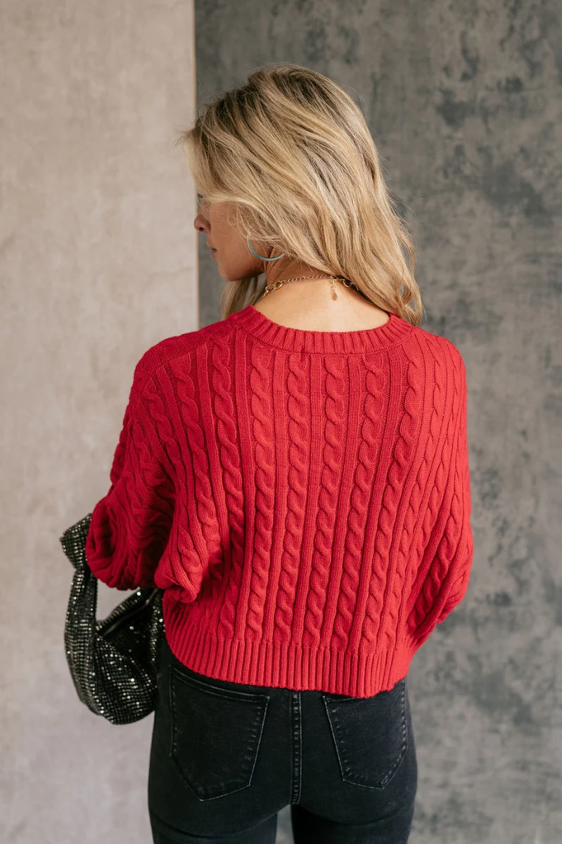 Amara Red Cable Knit Long Sleeve Sweater - Image 6