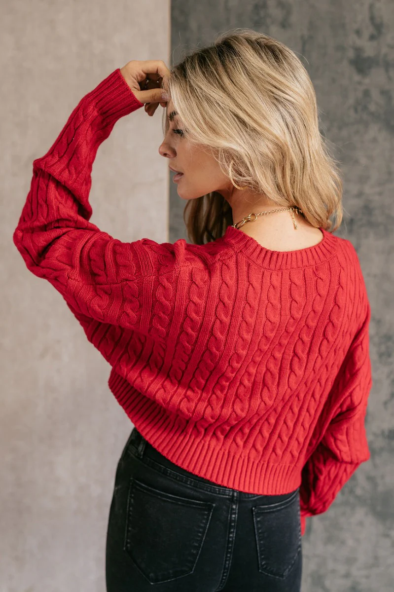 Amara Red Cable Knit Long Sleeve Sweater - Image 7