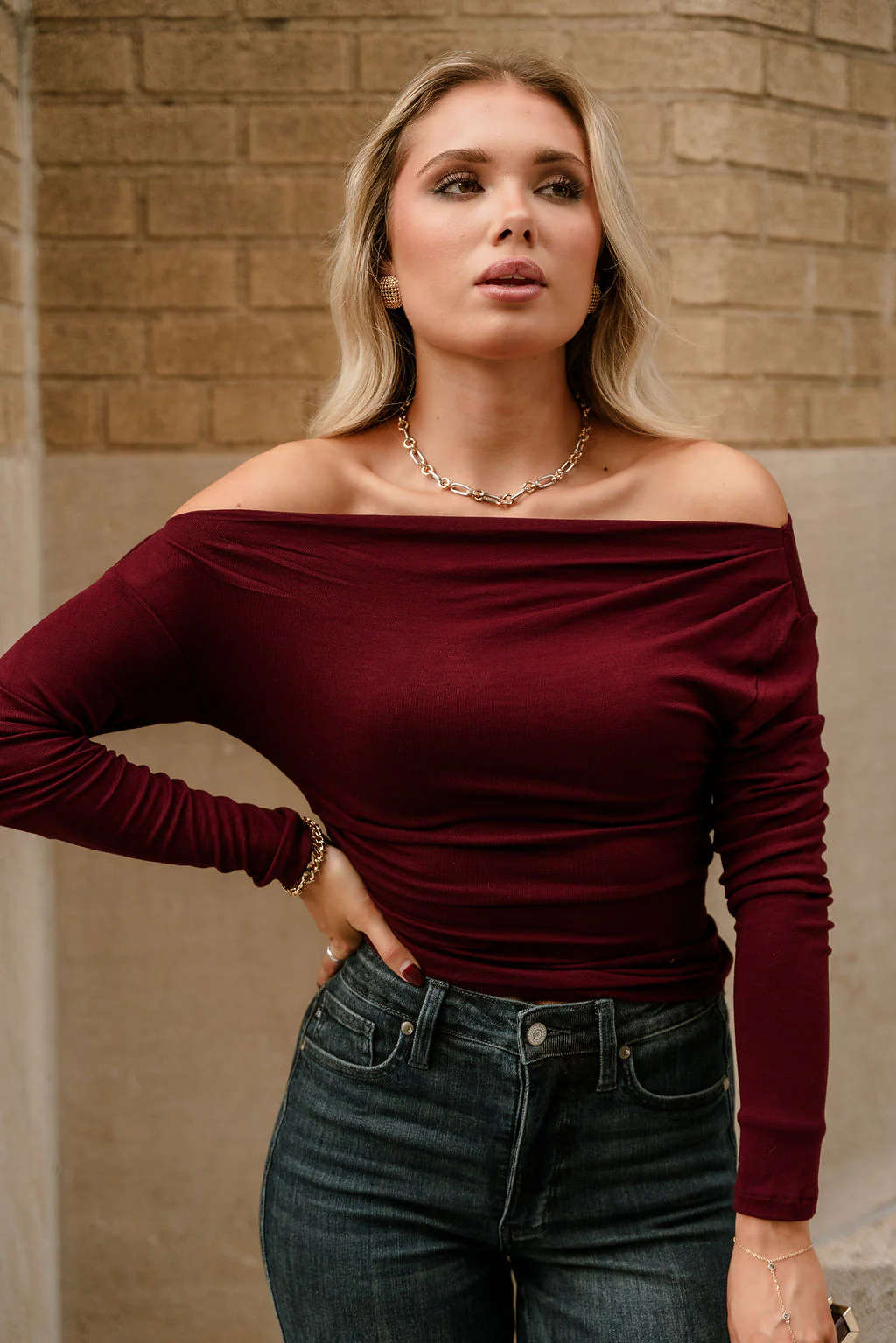 Amari Burgundy Ruched Off-The-Shoulder Top