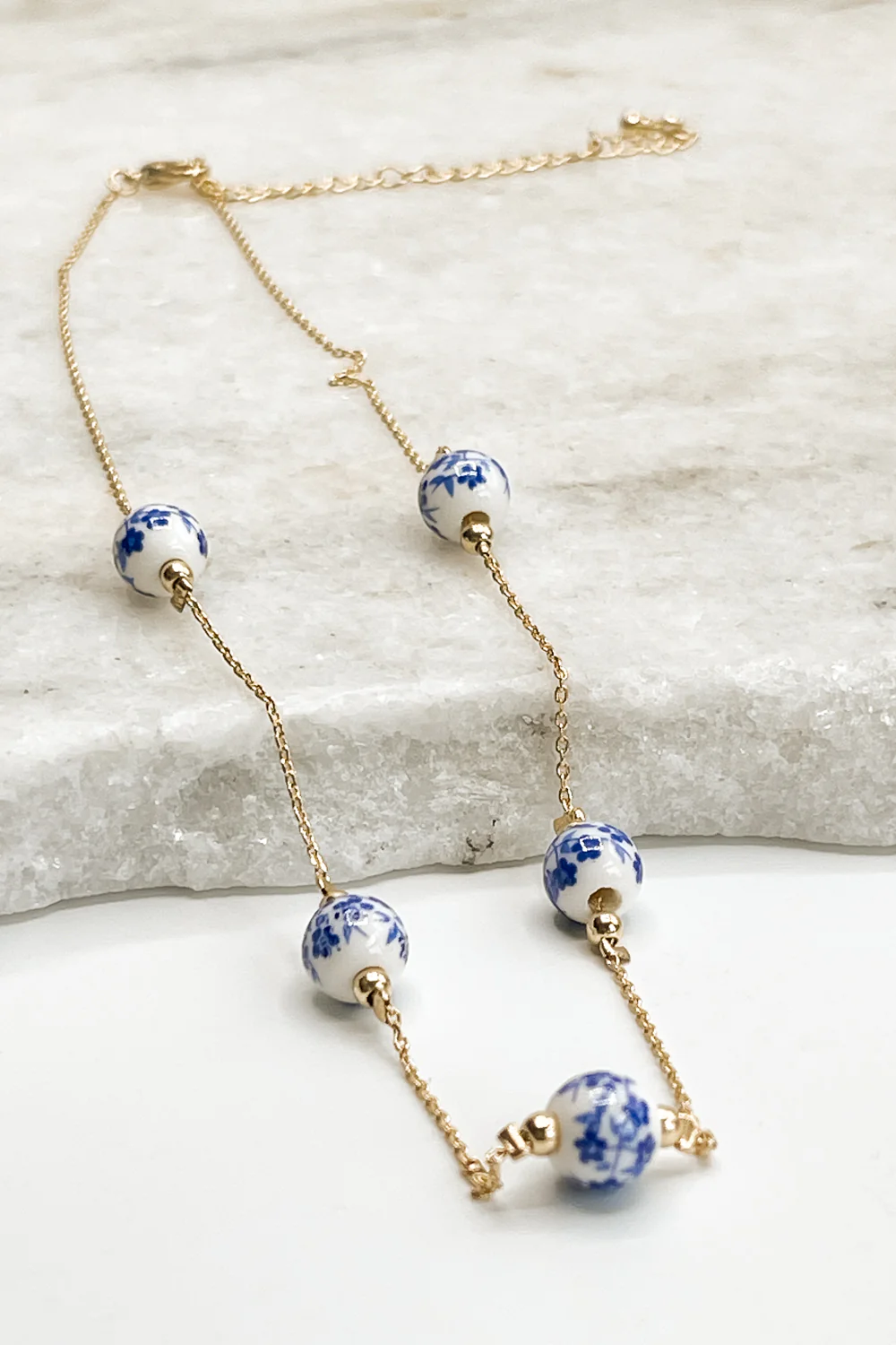 Amber White and Blue Floral Bead Necklace
