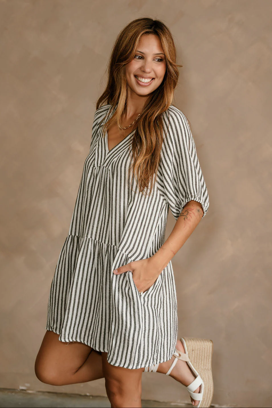 Amber White & Black Stripe Flare Mini Dress