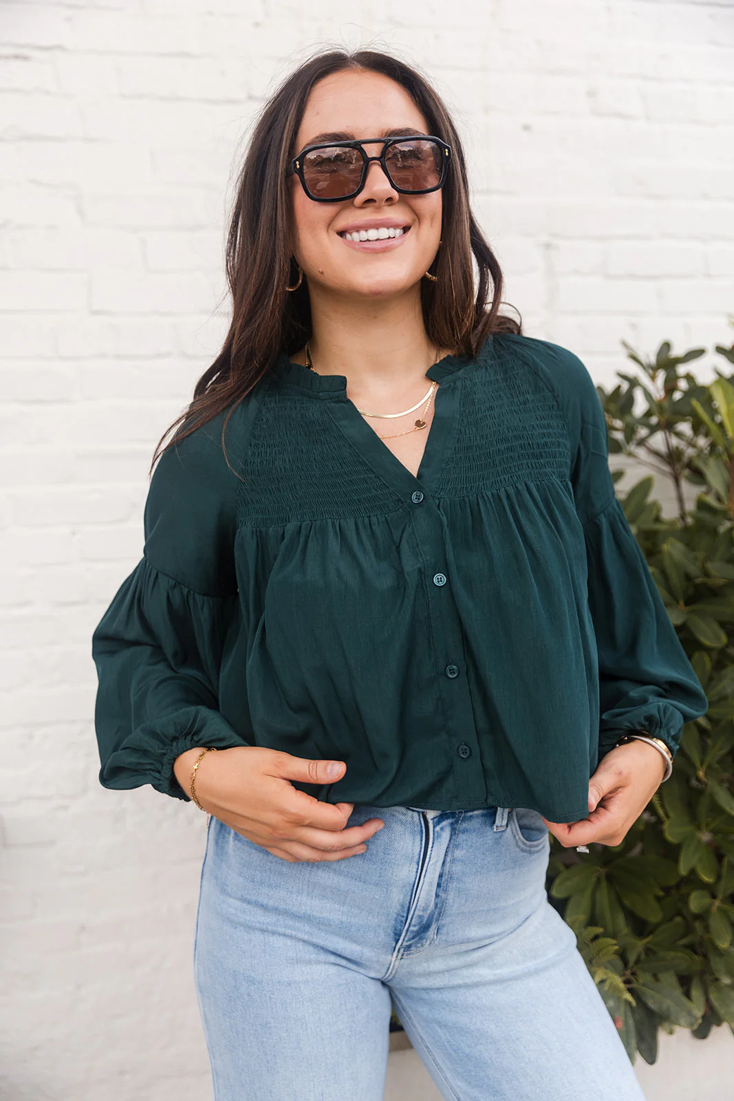 Amelia Hunter Green Smocked Long Sleeve Top