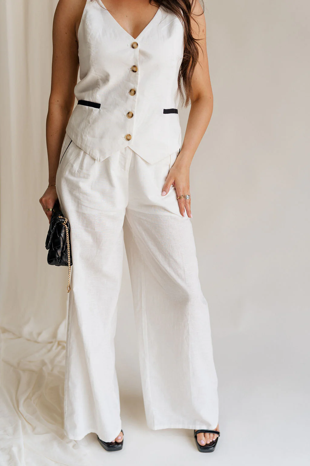 Amelia Off White & Black Wide Leg Pants - Image 4