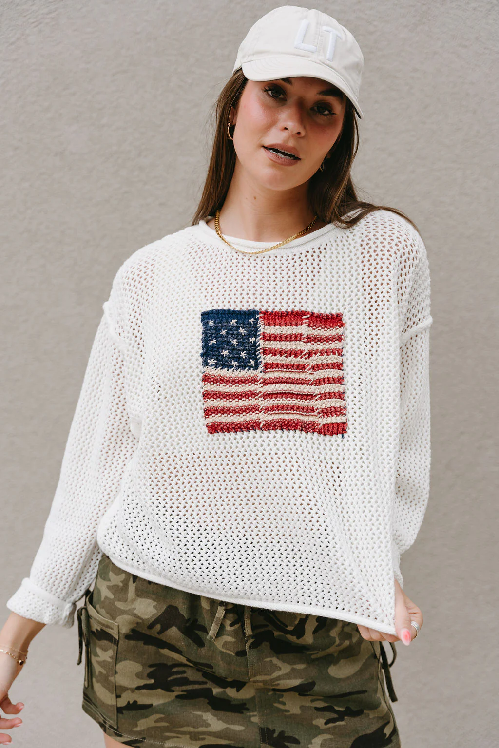 Americana Flag Ivory Knit Long Sleeve Top
