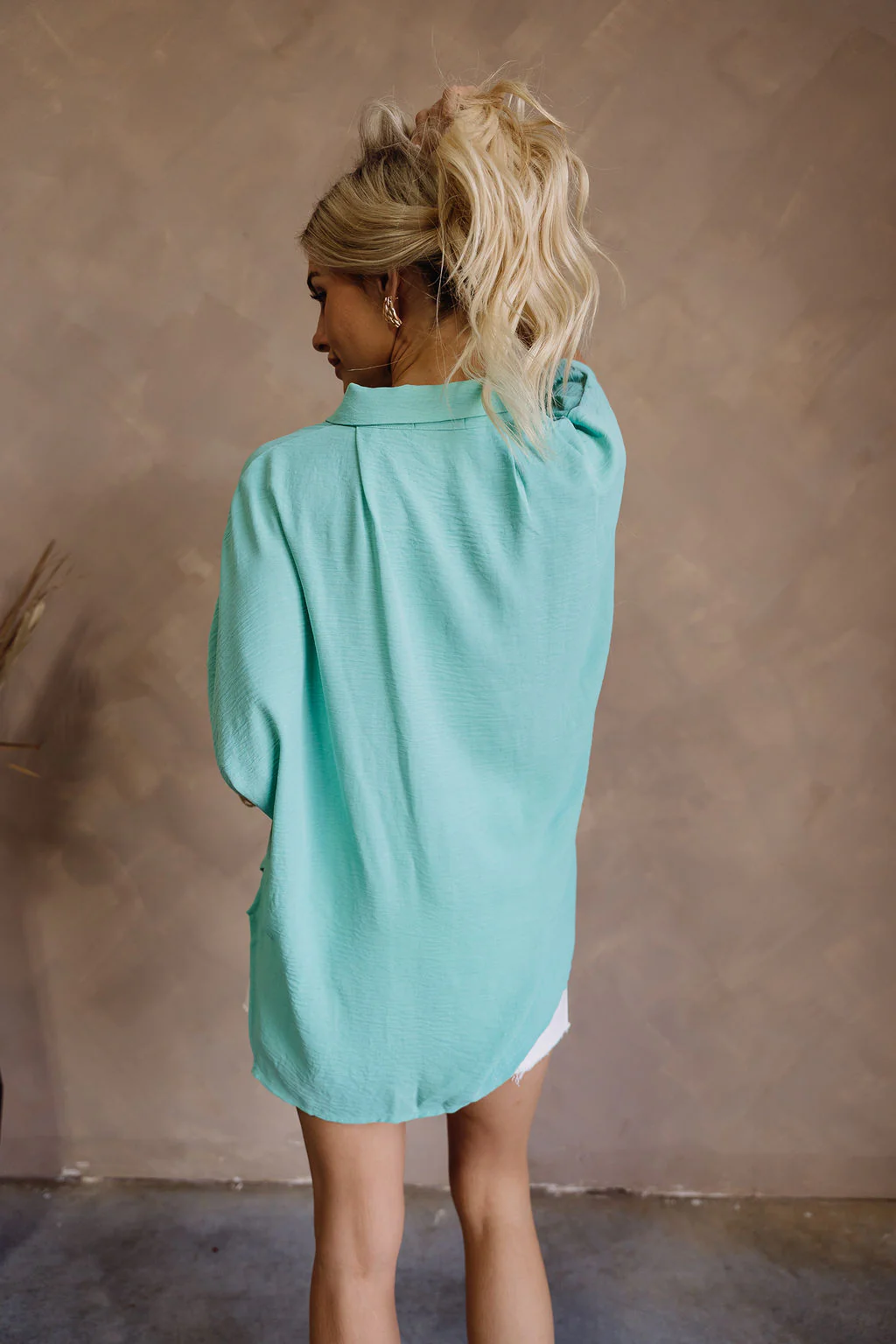 Amina Aqua Button-Up Short Sleeve Top - Image 4