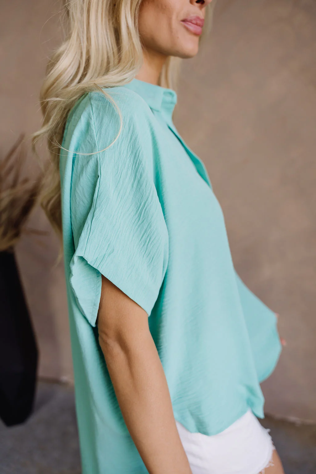 Amina Aqua Button-Up Short Sleeve Top - Image 7