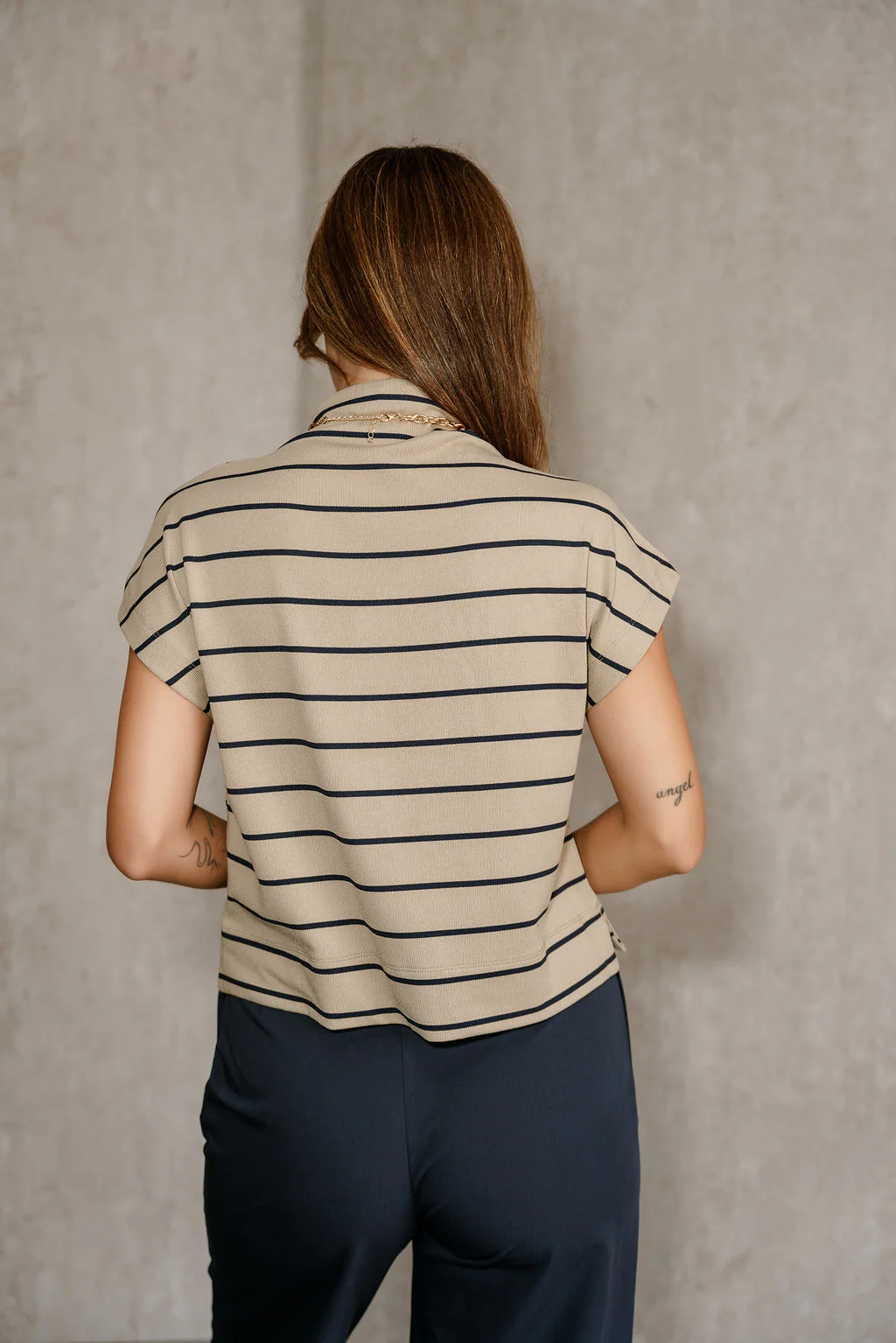 Amina Light Taupe & Navy Stripe Top - Image 10