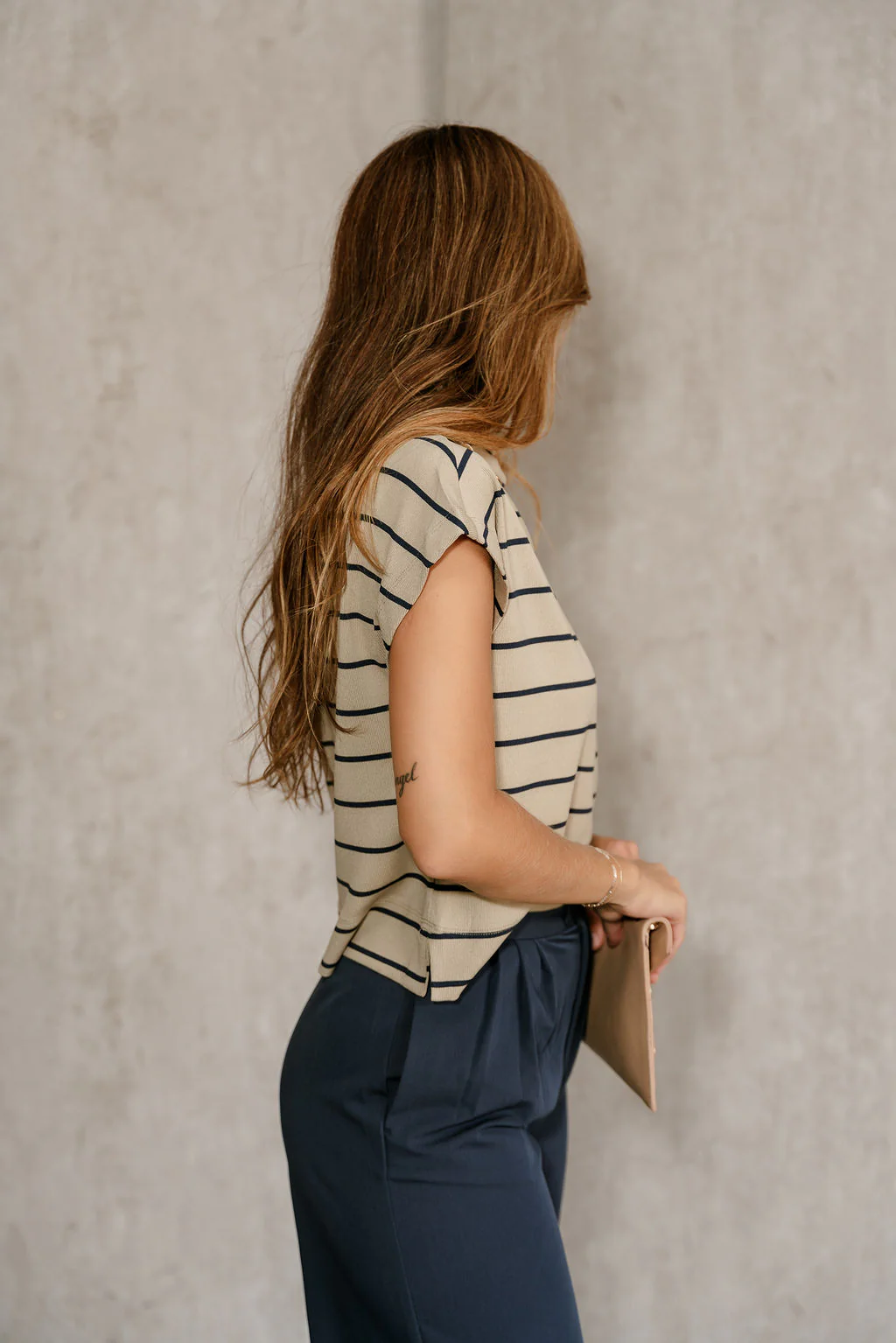 Amina Light Taupe & Navy Stripe Top - Image 3