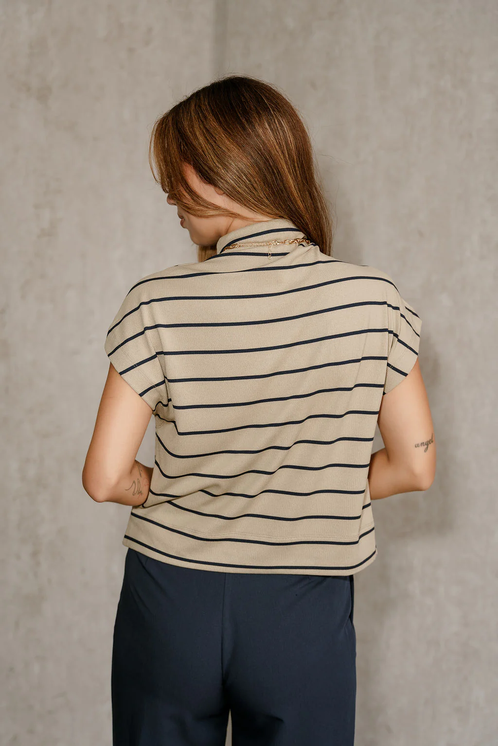 Amina Light Taupe & Navy Stripe Top - Image 4