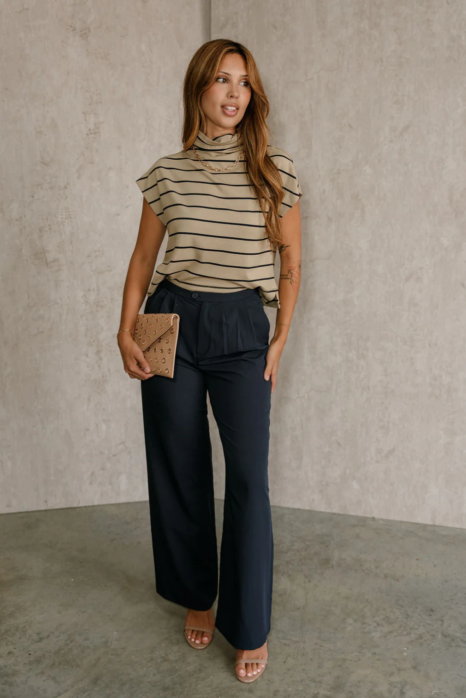 Amina Light Taupe & Navy Stripe Top - Image 5