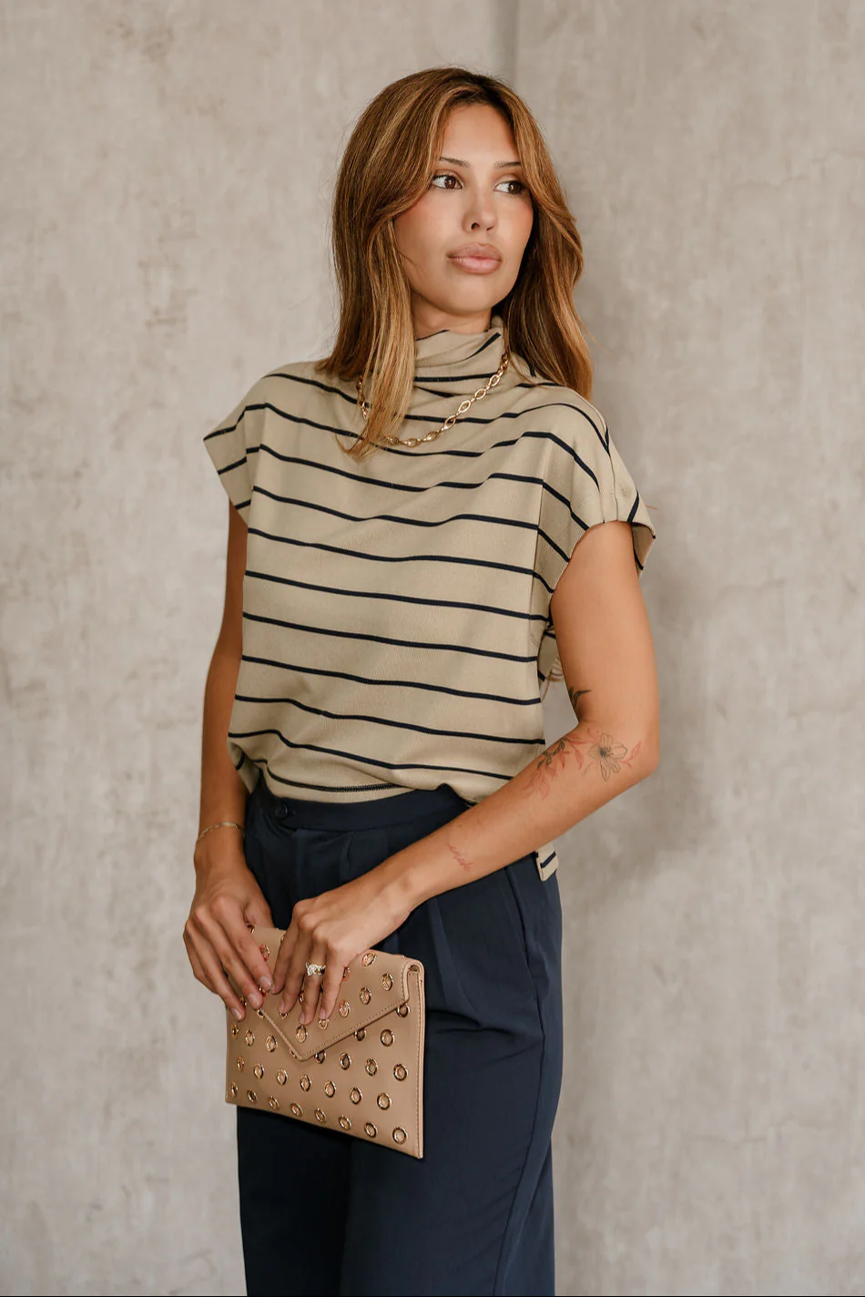 Amina Light Taupe & Navy Stripe Top - Image 6