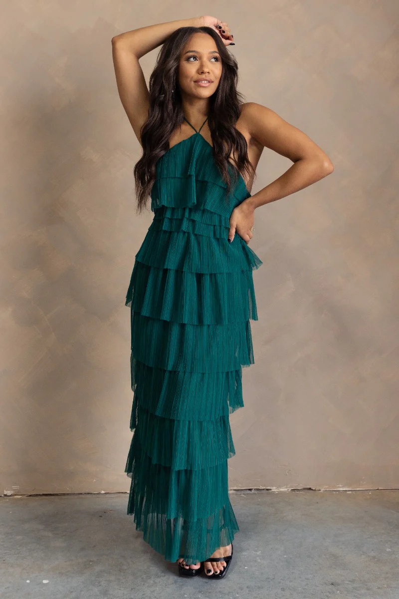 Amora Green Plisse Tiered Ruffle Maxi Dress