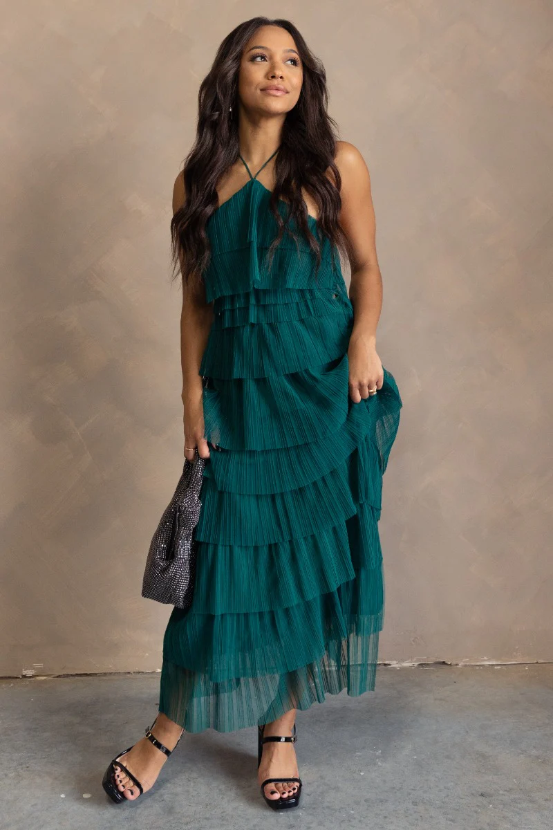 Amora Green Plisse Tiered Ruffle Maxi Dress - Image 3
