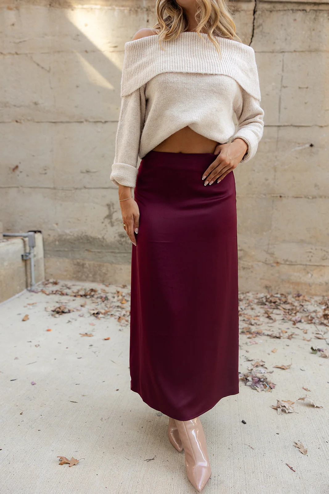 Ana Burgundy Satin Midi Skirt