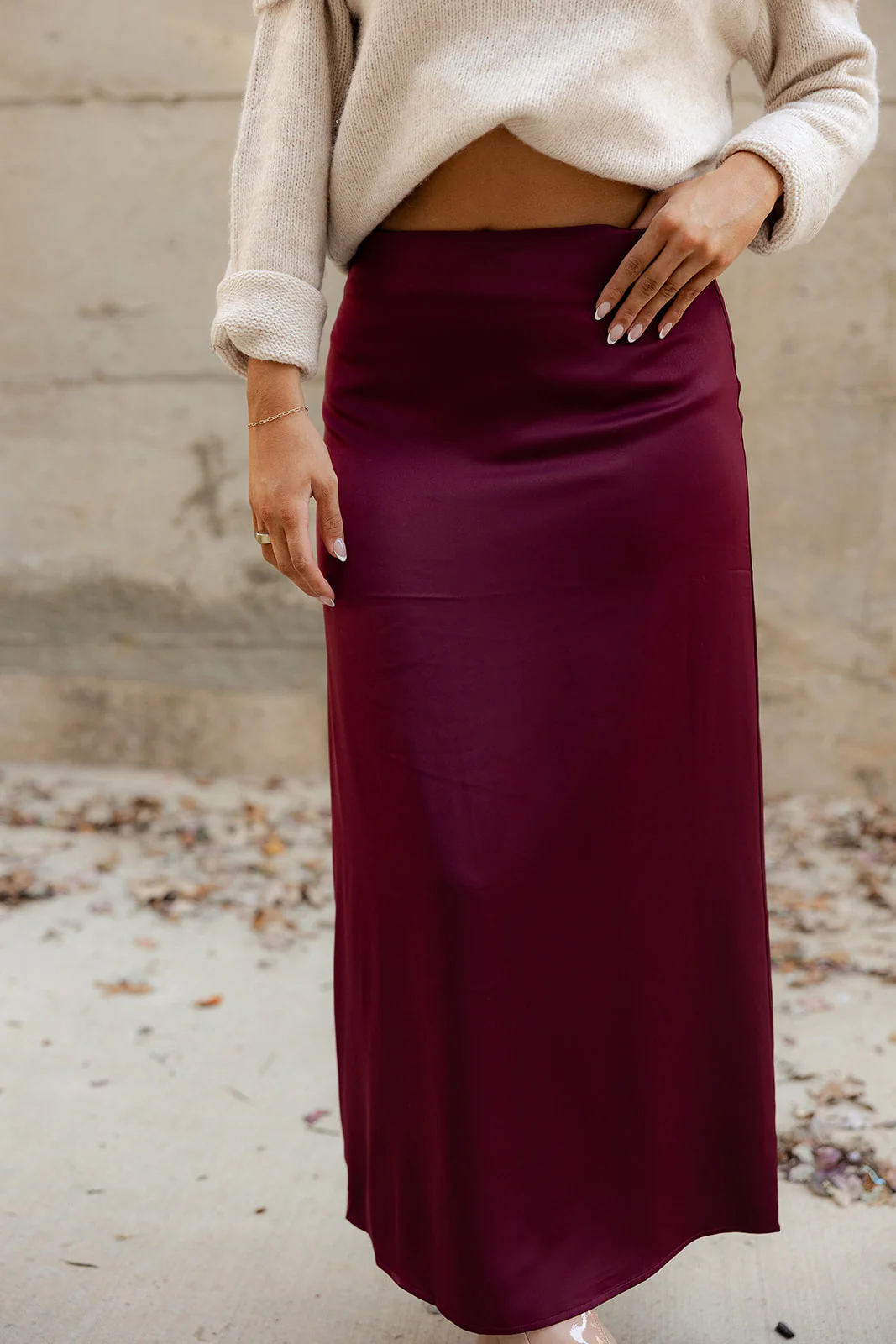 Ana Burgundy Satin Midi Skirt - Image 2