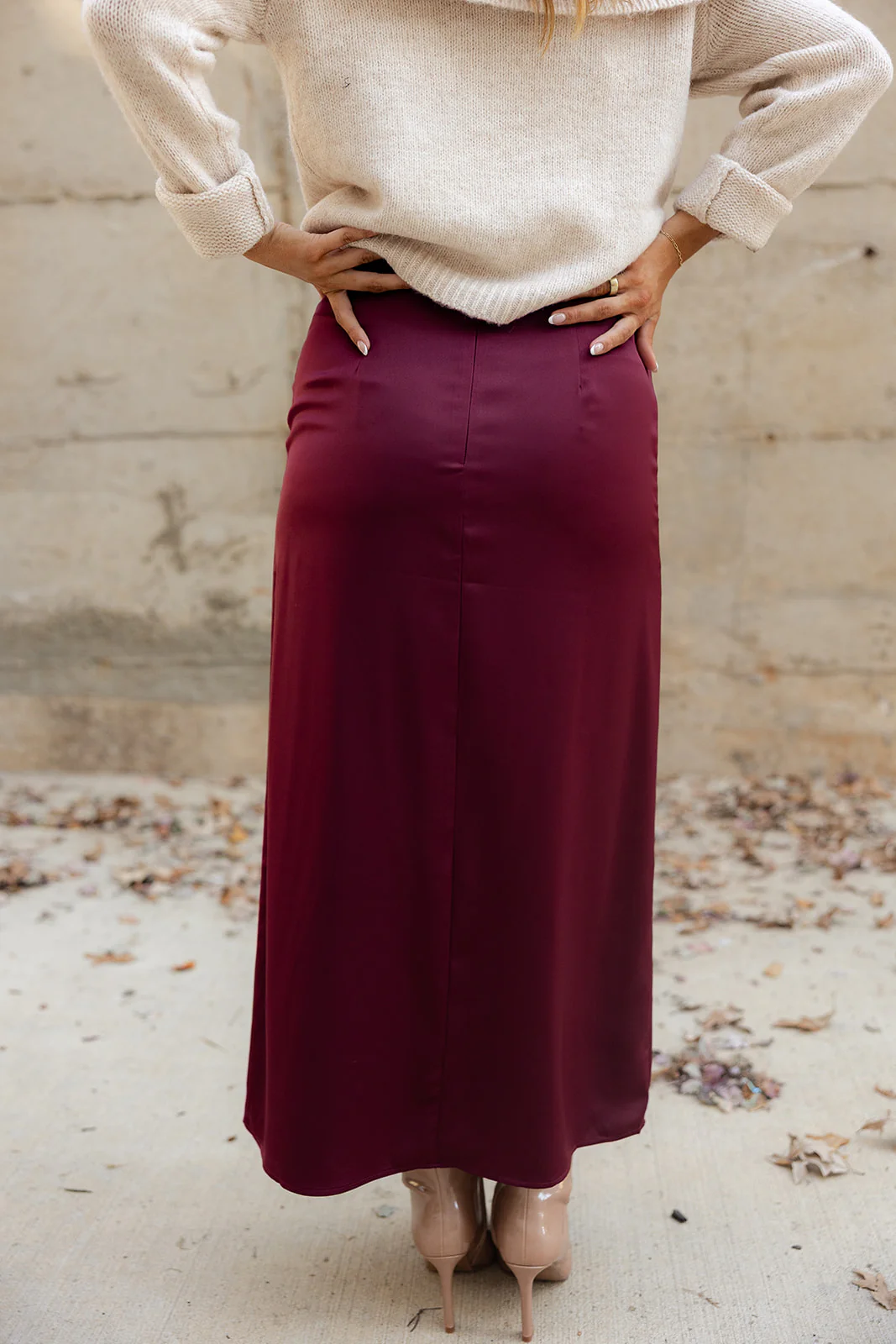 Ana Burgundy Satin Midi Skirt - Image 4