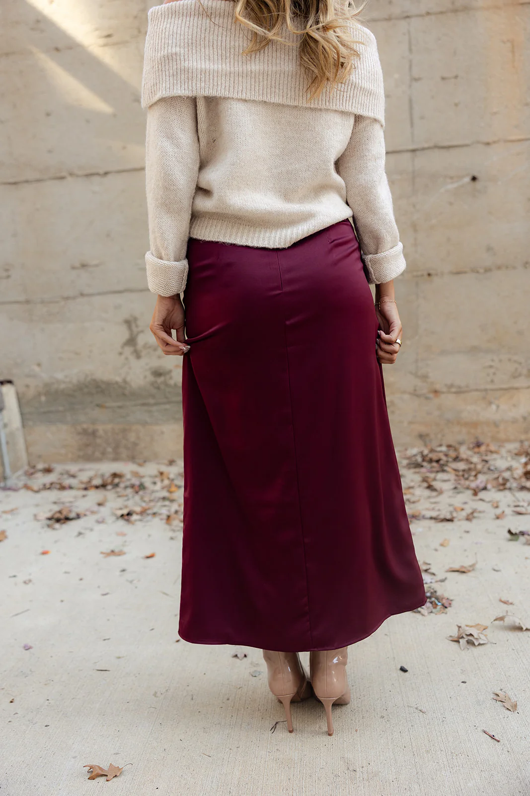 Ana Burgundy Satin Midi Skirt - Image 7