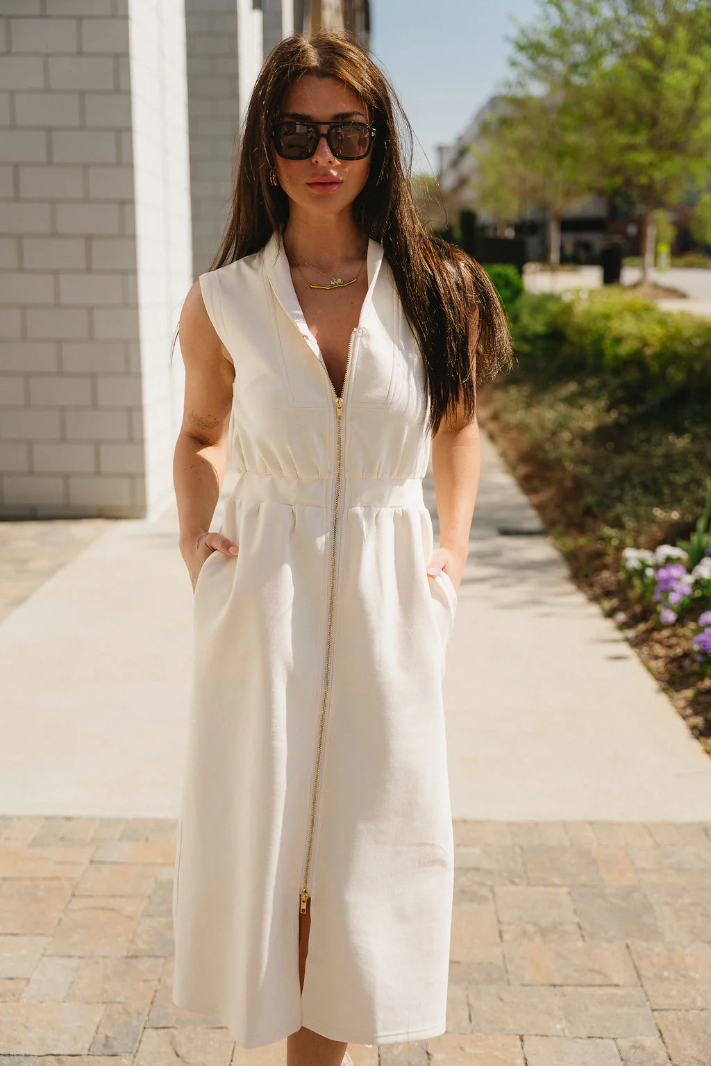 Ana Cream & Gold Zip-Up Midi Dress - Image 5