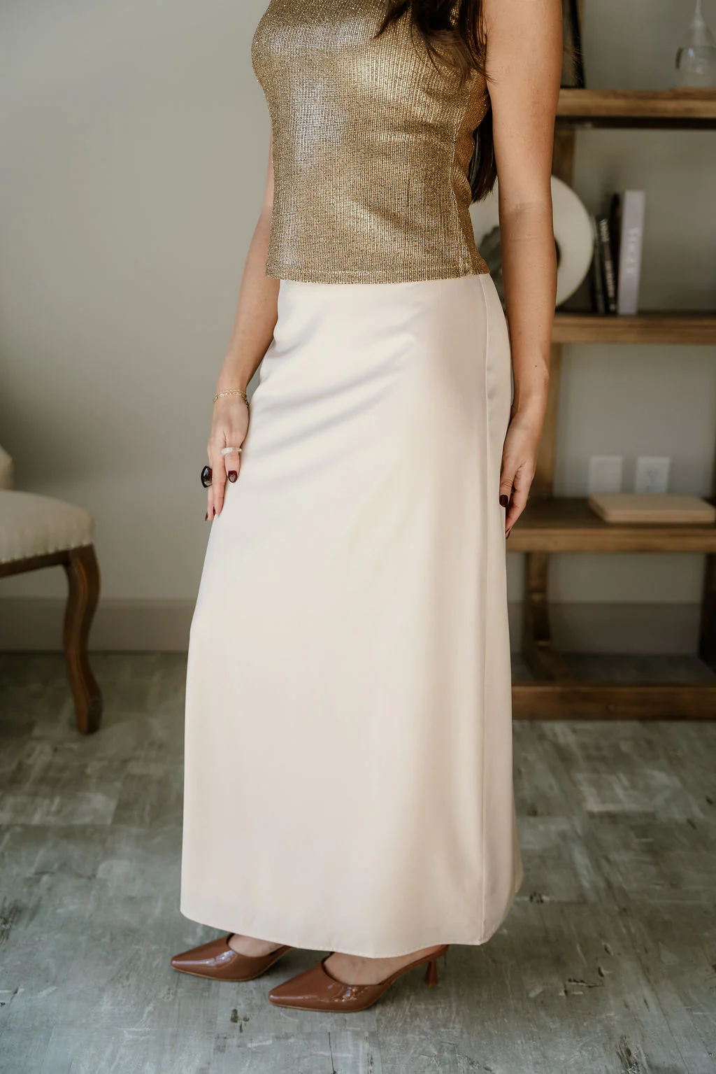 Ana Cream Satin Midi Skirt - Image 3