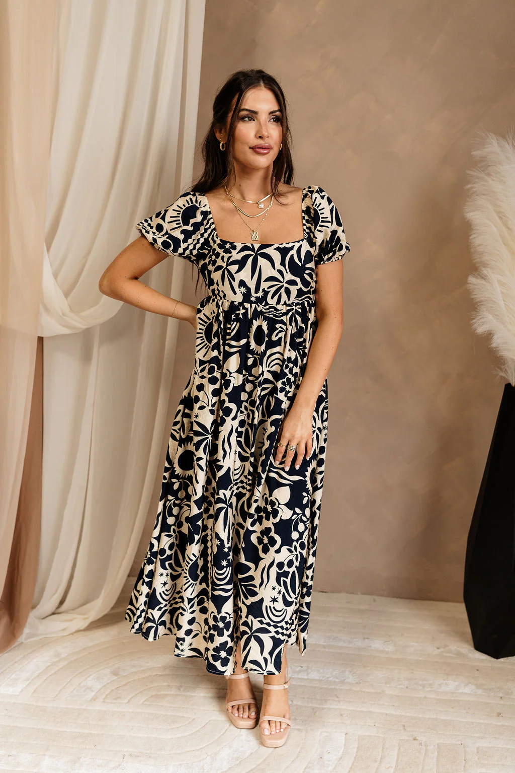 Anabella Navy & Cream Printed Midi Dress