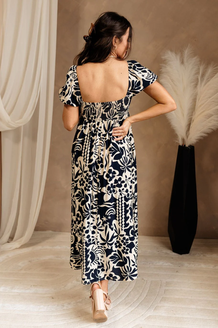 Anabella Navy & Cream Printed Midi Dress - Image 5