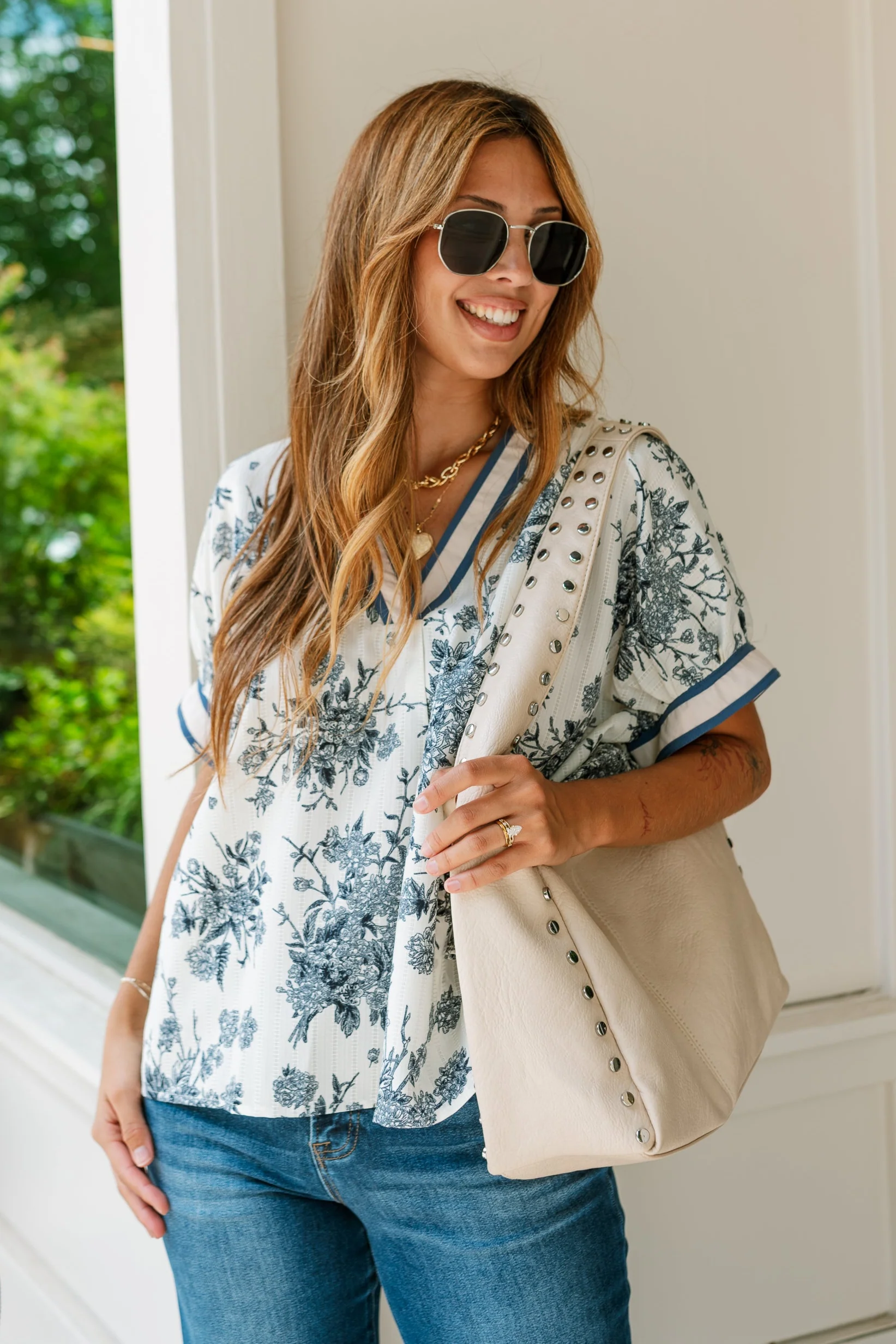 Anastasia Cream & Blue Floral Short Sleeve Top