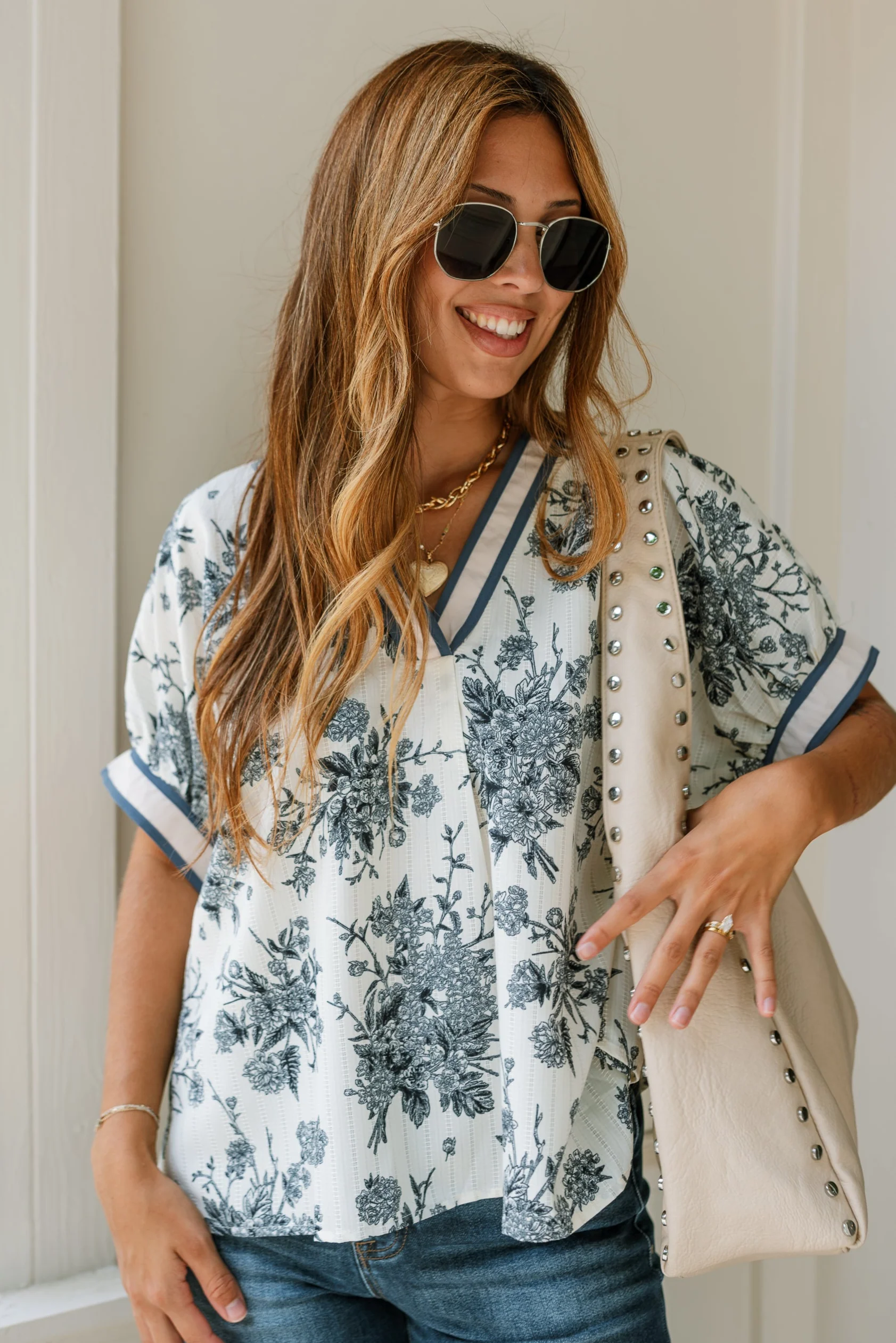 Anastasia Cream & Blue Floral Short Sleeve Top - Image 2
