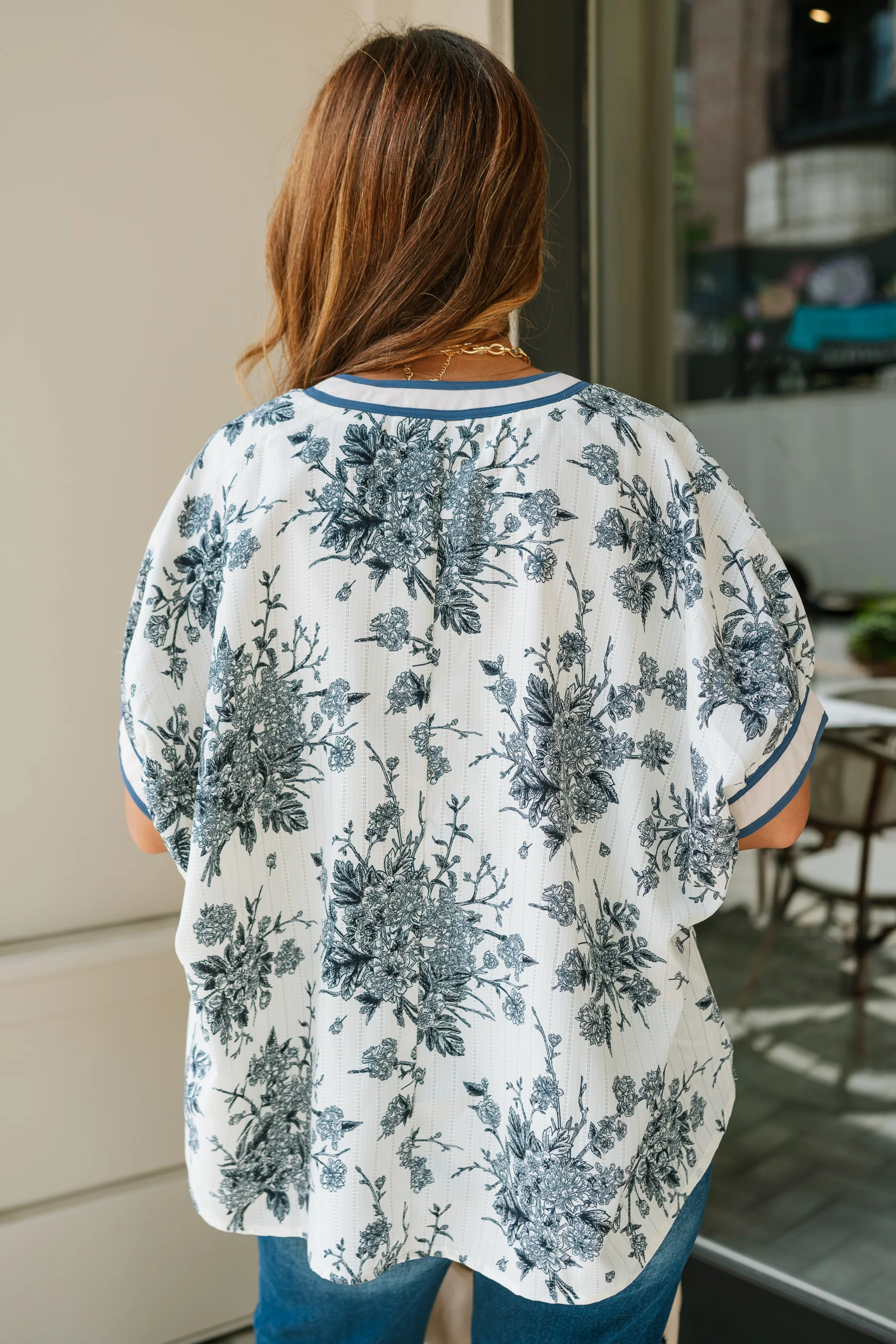 Anastasia Cream & Blue Floral Short Sleeve Top - Image 5