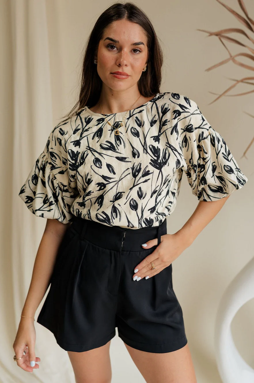 Anaya Black & Cream Floral Puff Sleeve Top