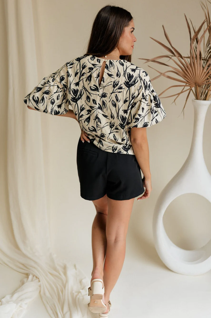 Anaya Black & Cream Floral Puff Sleeve Top - Image 10