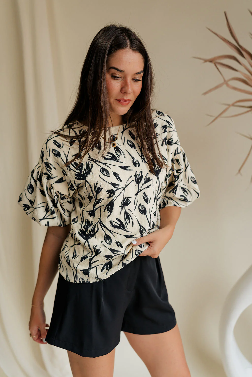 Anaya Black & Cream Floral Puff Sleeve Top - Image 2