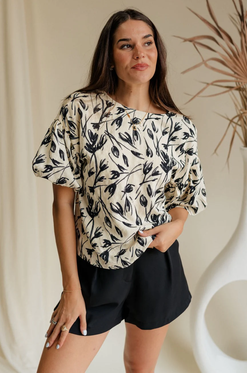 Anaya Black & Cream Floral Puff Sleeve Top - Image 5