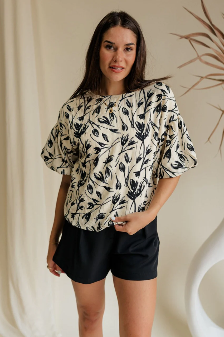 Anaya Black & Cream Floral Puff Sleeve Top - Image 6