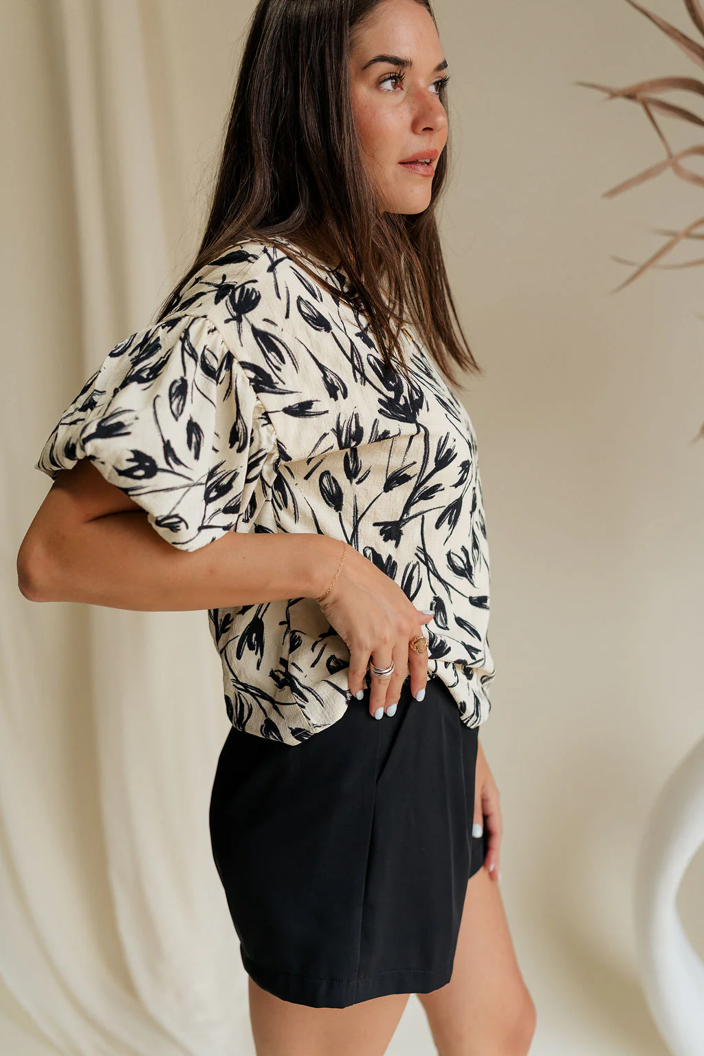 Anaya Black & Cream Floral Puff Sleeve Top - Image 7