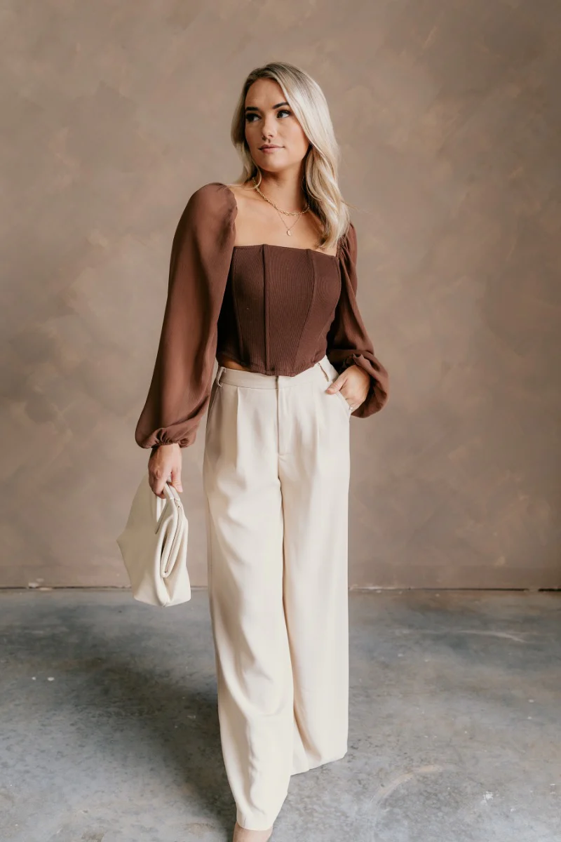Andrea Brown Long Sleeve Cropped Corset Top