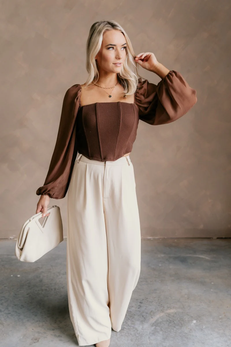 Andrea Brown Long Sleeve Cropped Corset Top - Image 2